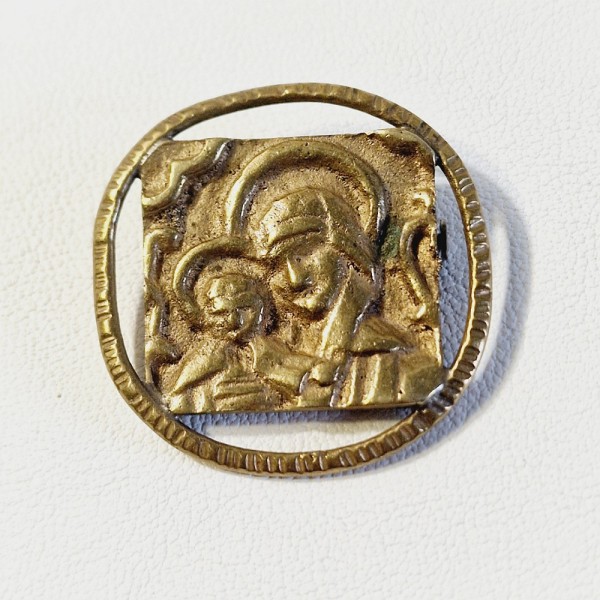 Broche Ancienne Signée - Vierge à L'Enfant Et Saint Antoine En Métal Argenté, Années 1900